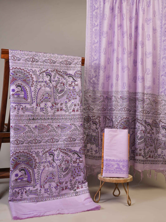 Anuttara Women's Madhubani Lavender::Purple Katan Staple Trible, Animal, Fish, Floral Kurta, Bottom & Dupatta Set (Unstitched)_AFK1018-FS