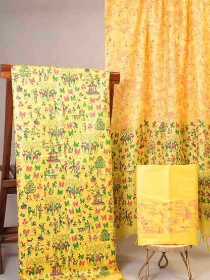 Anuttara Women's Madhubani Yellow Katan Staple Trible, Floral, Animal Kurta, Bottom & Dupatta Set (Unstitched)_AFK1020-FS