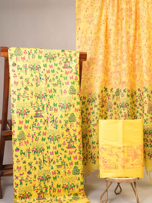 Anuttara Women's Madhubani Yellow Katan Staple Trible, Floral, Animal Kurta, Bottom & Dupatta Set (Unstitched)_AFK1020-FS