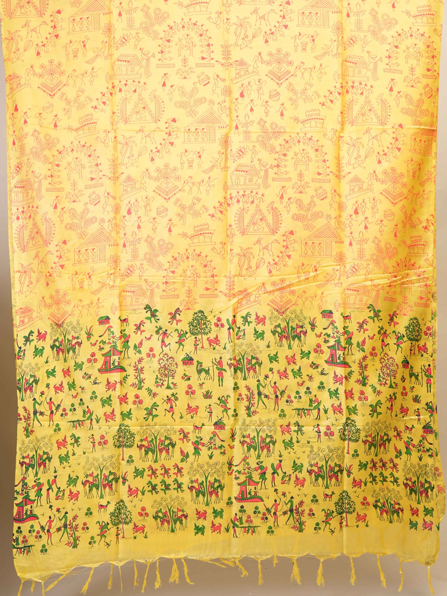 Anuttara Women's Madhubani Yellow Katan Staple Trible, Floral, Animal Kurta, Bottom & Dupatta Set (Unstitched)_AFK1020-FS