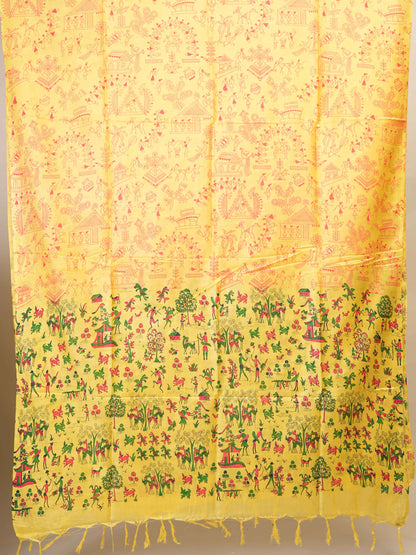 Anuttara Women's Madhubani Yellow Katan Staple Trible, Floral, Animal Kurta, Bottom & Dupatta Set (Unstitched)_AFK1020-FS