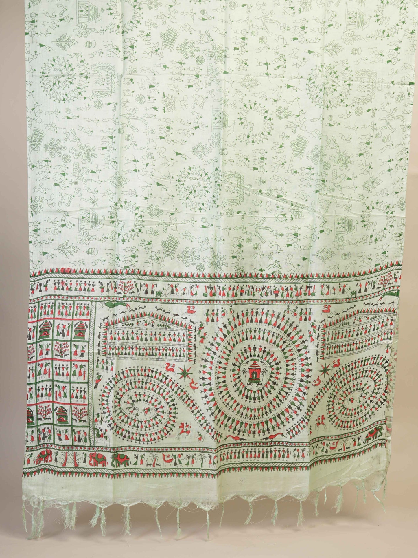 Anuttara Women's Madhubani Pista Green Katan Staple Trible Kurta, Bottom & Dupatta Set (Unstitched)_AFK1025-FS