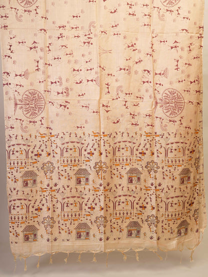 Anuttara Women's Madhubani Beige Katan Staple Trible Kurta, Bottom & Dupatta Set (Unstitched)_AFK1027-FS