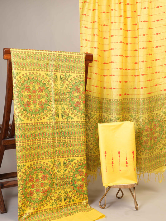Anuttara Women's Madhubani Yellow Katan Staple Trible, Animal, Fish, Floral Kurta, Bottom & Dupatta Set (Unstitched)_AFK1029-FS