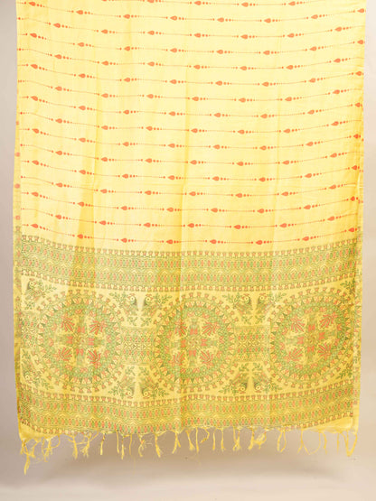 Anuttara Women's Madhubani Yellow Katan Staple Trible, Animal, Fish, Floral Kurta, Bottom & Dupatta Set (Unstitched)_AFK1029-FS