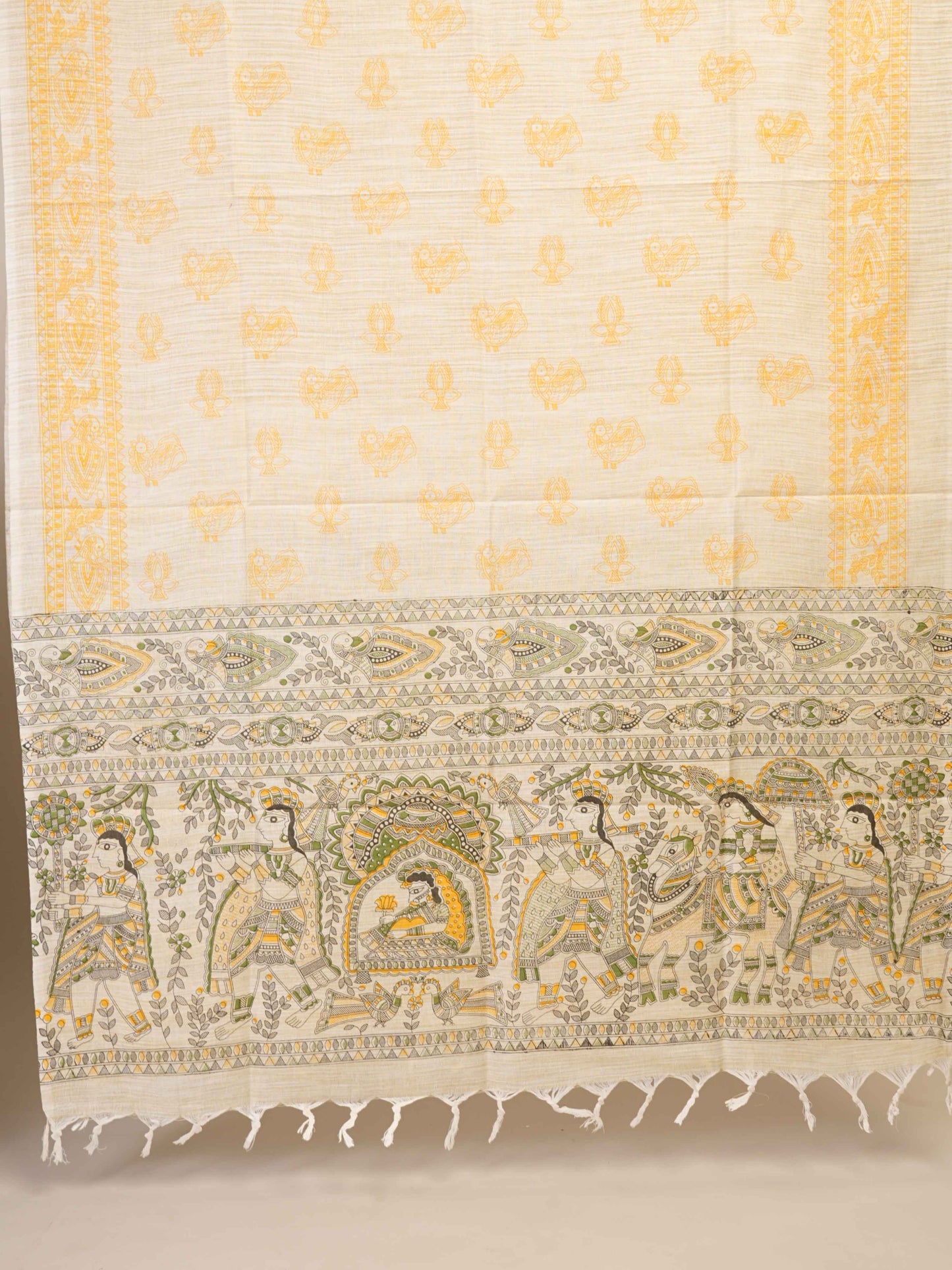 Anuttara Women's Madhubani Beige::Yellow Cotton Dupion Trible, Animal, Floral Kurta, Bottom & Dupatta Set (Unstitched)_AFK1031-FS