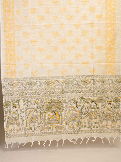 Anuttara Women's Madhubani Beige::Yellow Cotton Dupion Trible, Animal, Floral Kurta, Bottom & Dupatta Set (Unstitched)_AFK1031-FS