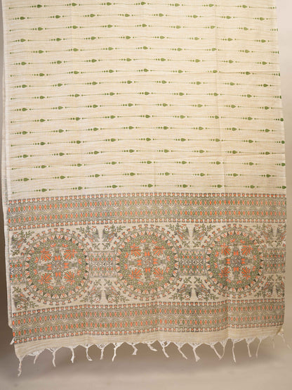 Anuttara Women's Madhubani Multicolor Cotton Dupion Trible, Animal, Fish, Floral Kurta, Bottom & Dupatta Set (Unstitched)_AFK1037-FS