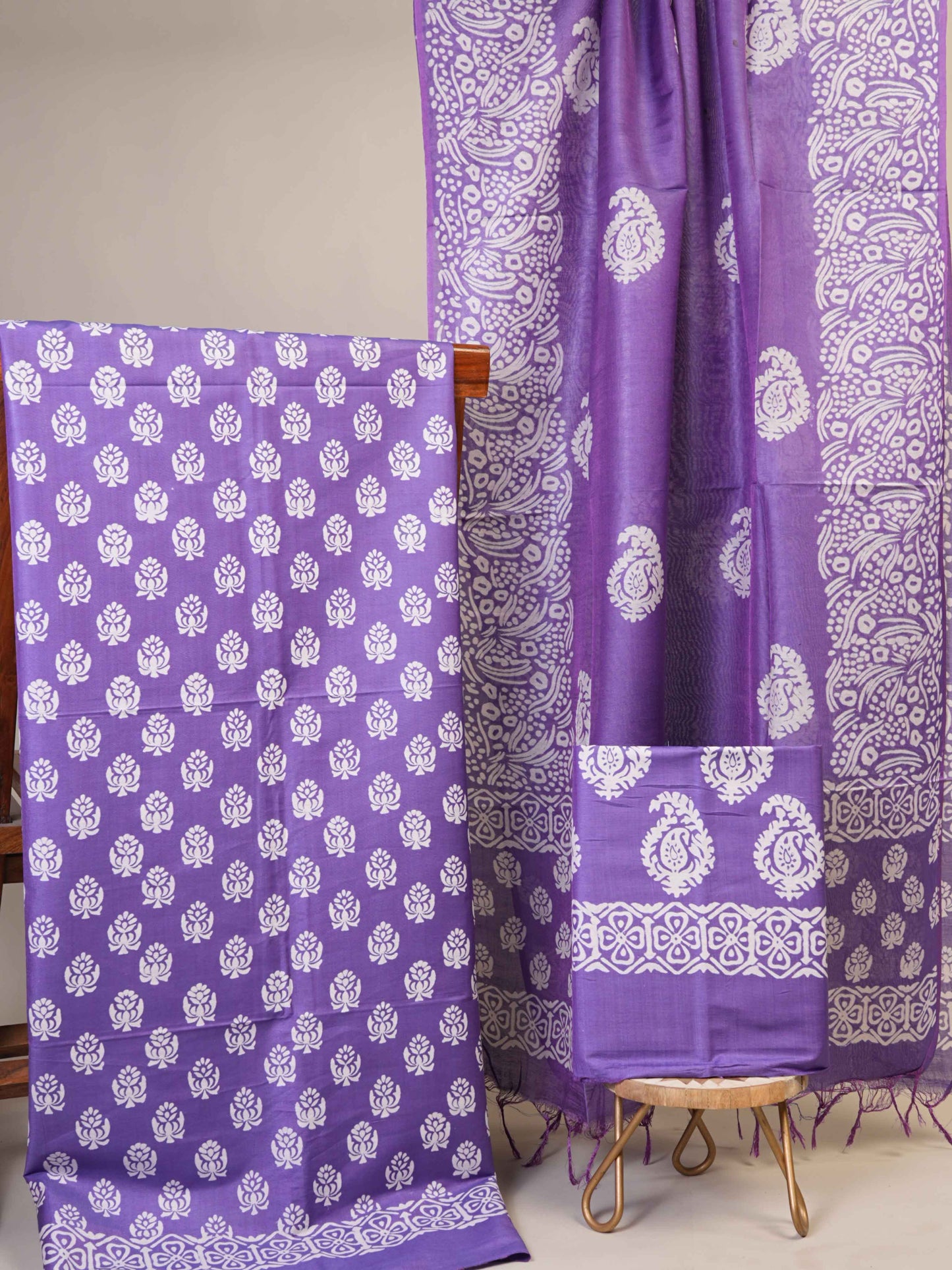 Anuttara Women's Bhagalpuri Purple::White Katan Staple Floral, Paisley Kurta, Bottom & Dupatta Set (Unstitched)_AFK1039-FS