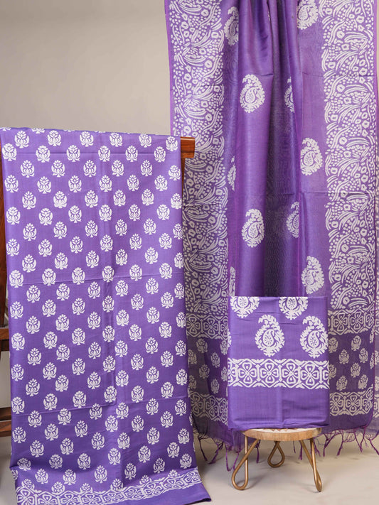 Anuttara Women's Bhagalpuri Purple::White Katan Staple Floral, Paisley Kurta, Bottom & Dupatta Set (Unstitched)_AFK1039-FS