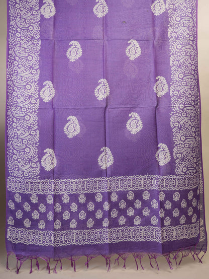 Anuttara Women's Bhagalpuri Purple::White Katan Staple Floral, Paisley Kurta, Bottom & Dupatta Set (Unstitched)_AFK1039-FS