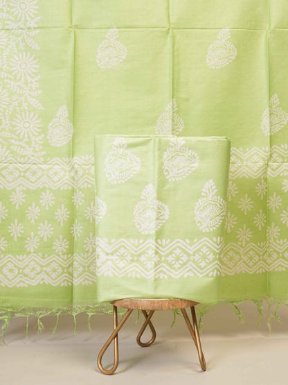 Anuttara Women's Bhagalpuri Green Katan Staple Floral Kurta, Bottom & Dupatta Set (Unstitched)_AFK1042-FS