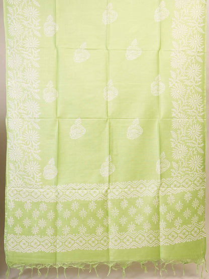 Anuttara Women's Bhagalpuri Green Katan Staple Floral Kurta, Bottom & Dupatta Set (Unstitched)_AFK1042-FS