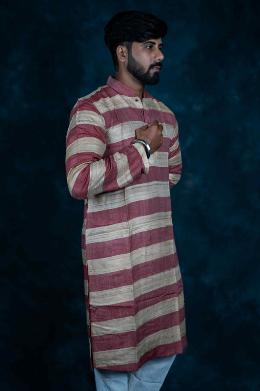 Ethnic Raw Silk Kurta Stripe (Rustic Pink & Beige)