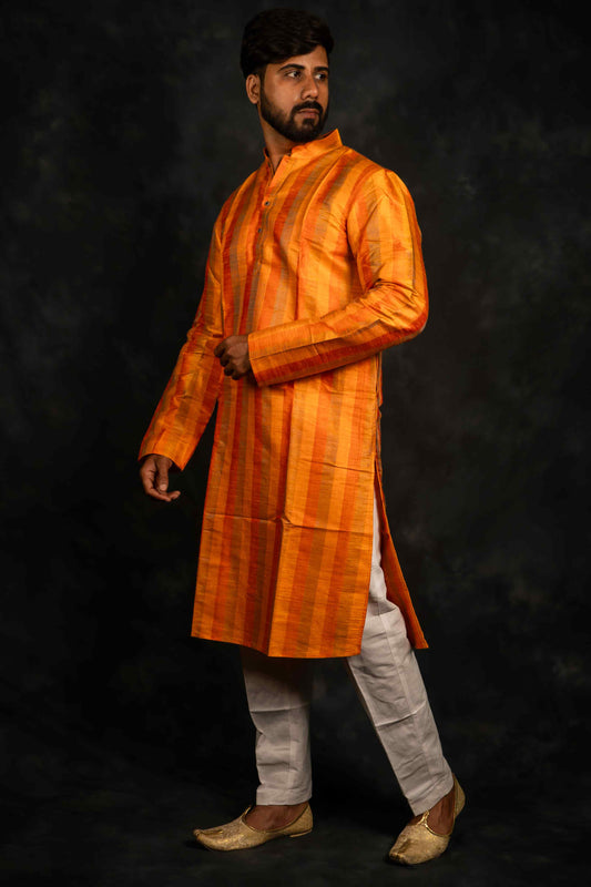 Ethnic Raw Silk Kurta Stripe (Orange)