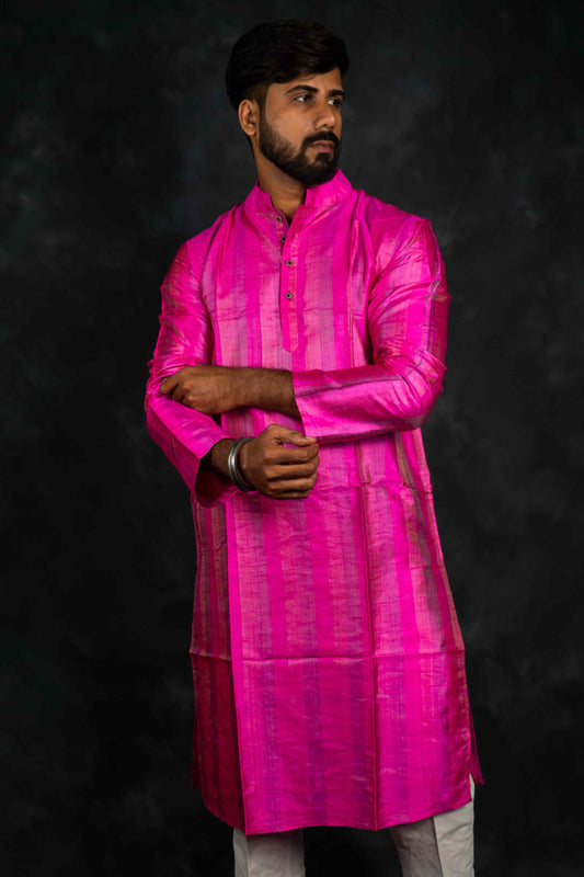 Ethnic Raw Silk Kurta Stripe (Hot Pink)