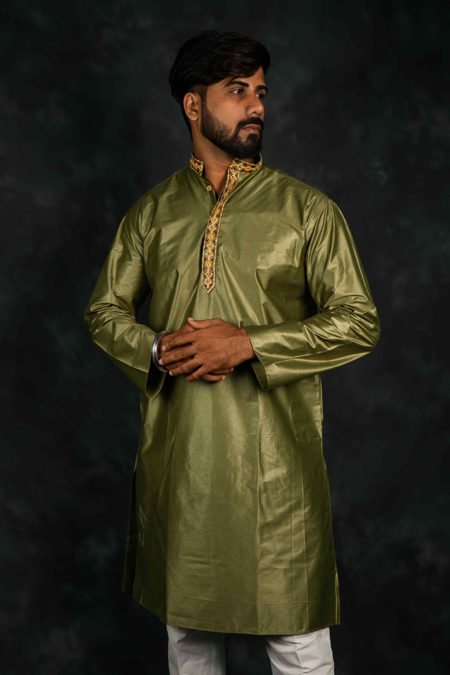 Ethnic Chanderi Silk Kurta Plain (Olive Green)