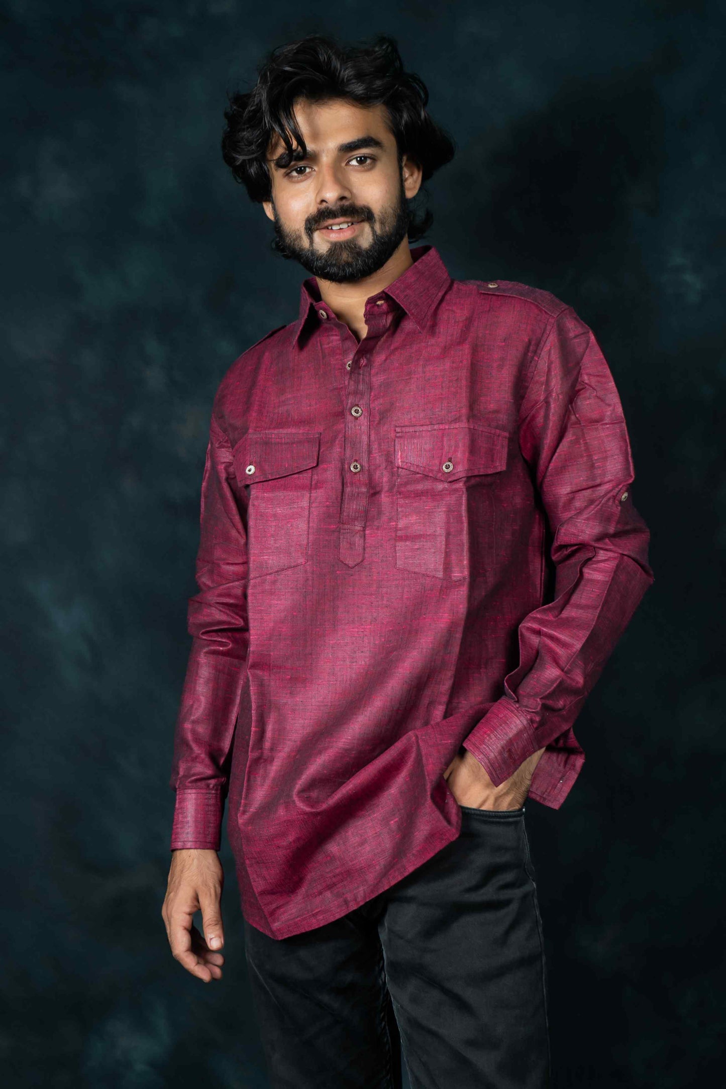 Casual Khadi Cotton Short Kurta (Dark Pink)