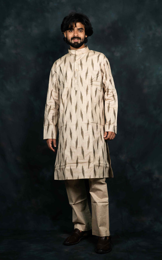 Ethnic Pure Cotton Ikkat Kurta & Pajama Set (Cream)