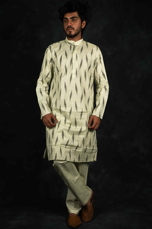 Ethnic Pure Cotton Ikkat Kurta & Pajama Set (Pale Yellow)