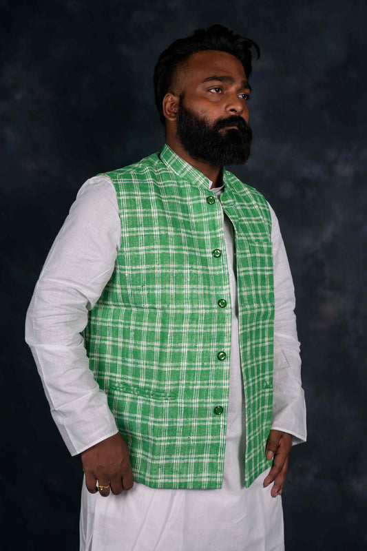 Khadi Nehru Jacket Check (Green & White)