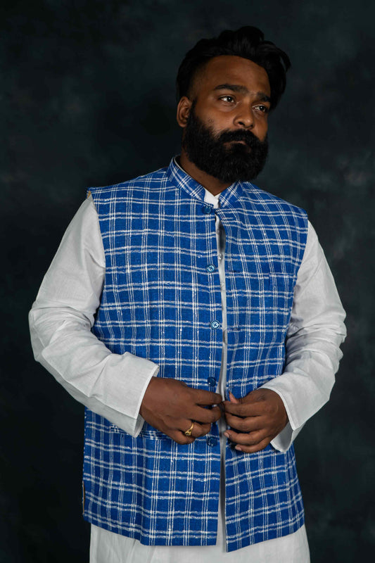 Khadi Nehru Jacket Check (Blue & White)