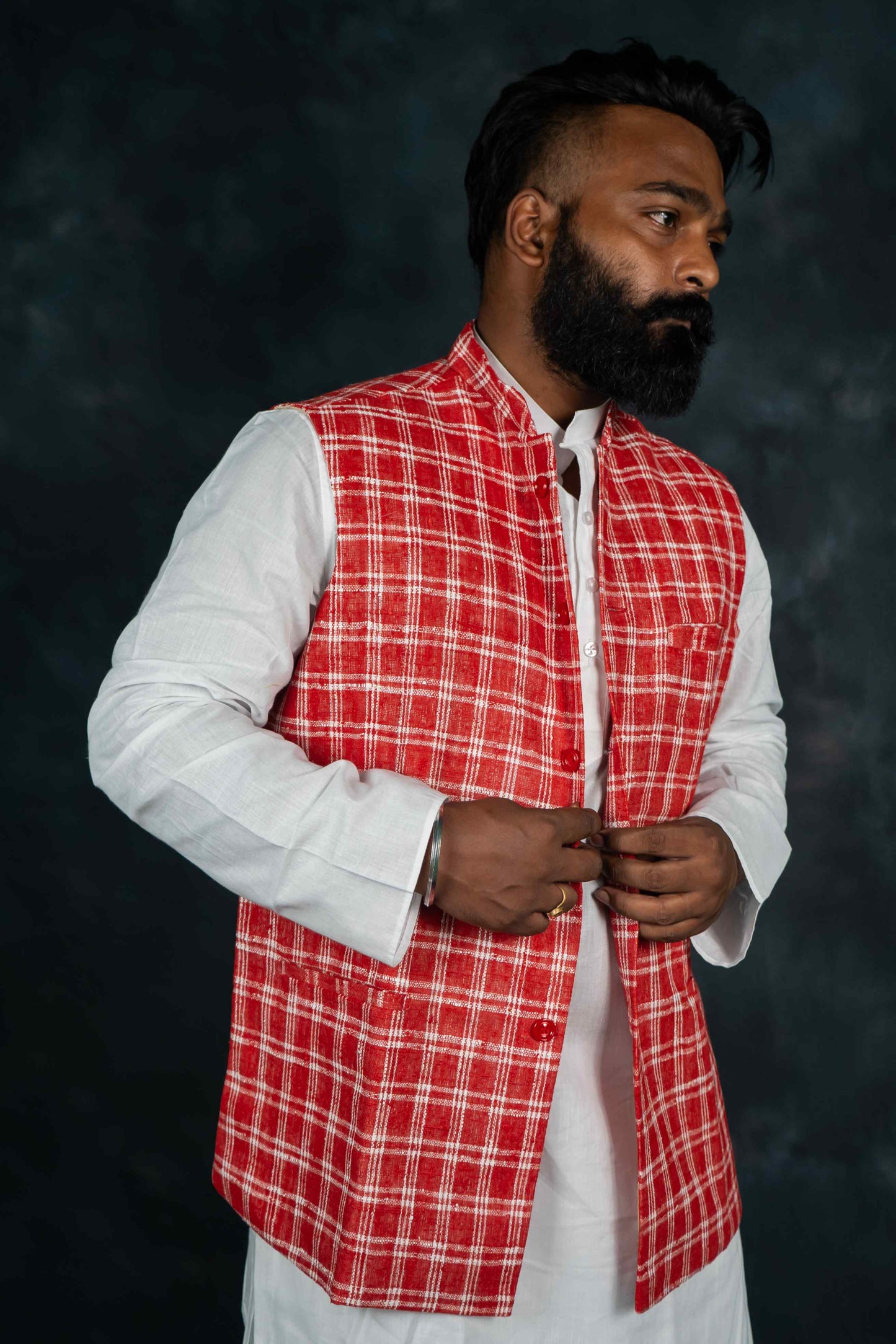 Khadi Nehru Jacket Check (Red & White)