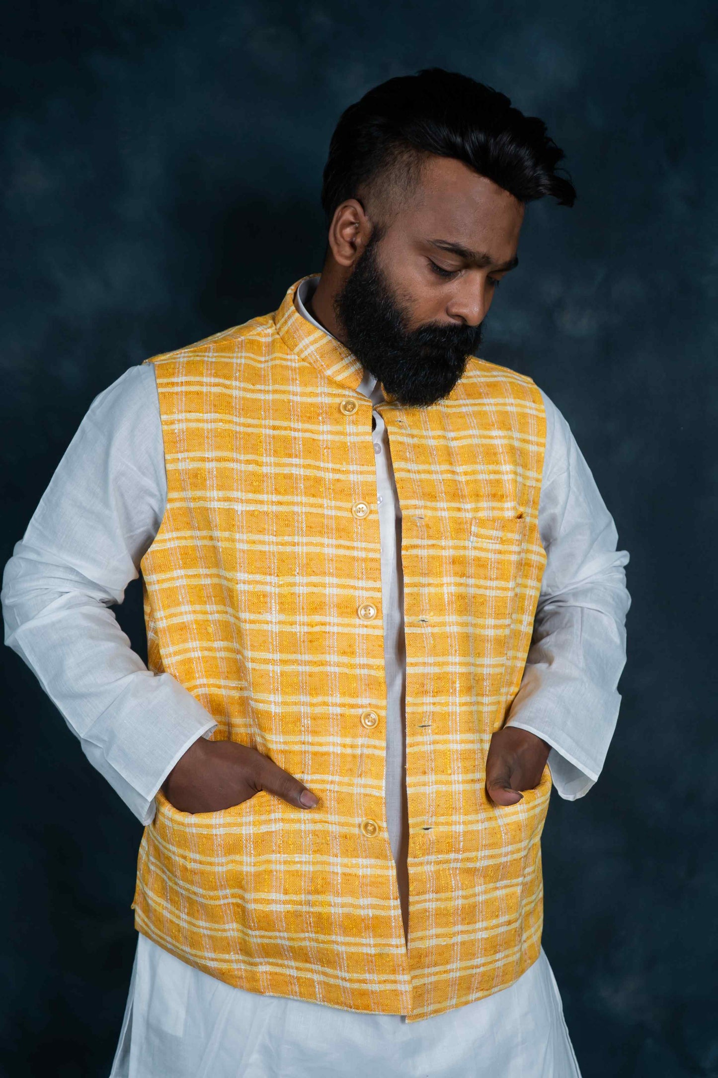 Khadi Nehru Jacket Check (Yellow & White)