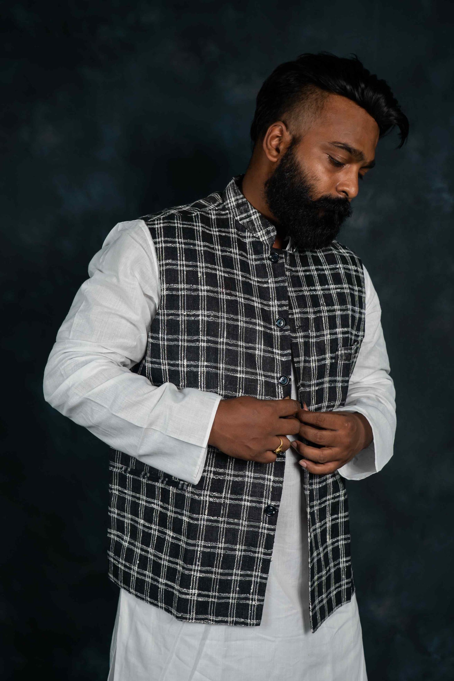 Khadi Nehru Jacket Check (Black & White)