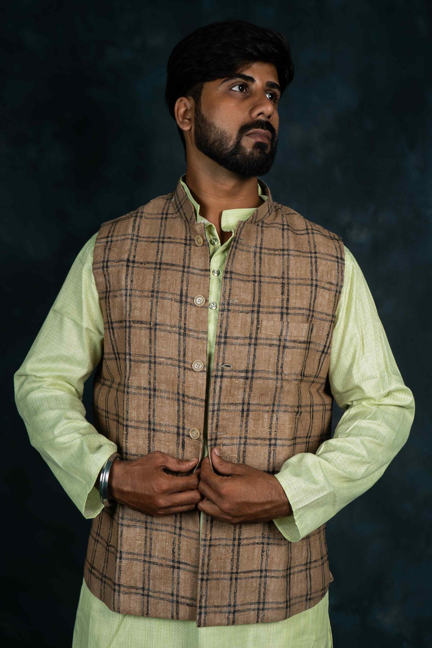 Khadi Nehru Jacket Check (Brown & Black)