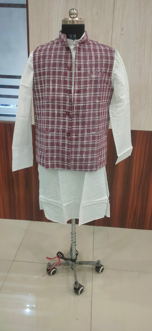 Khadi Nehru Jacket Check (Magenta & White)