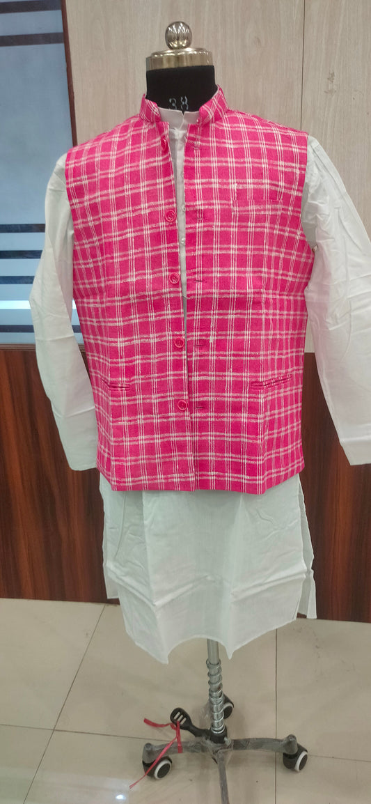 Khadi Nehru Jacket Check (Pink & White)