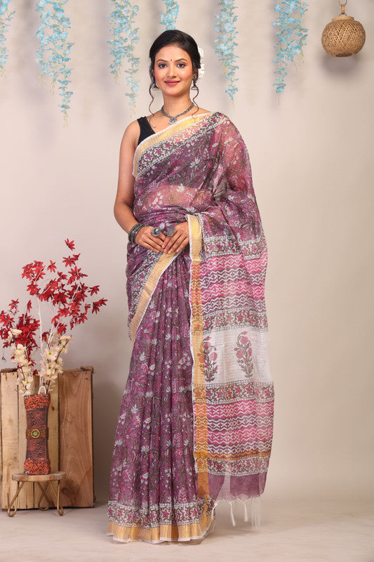 Anuttara Bhagalpuri Light Wine Kota Cotton Hand Block Saree with Blouse_AFS1002-FS