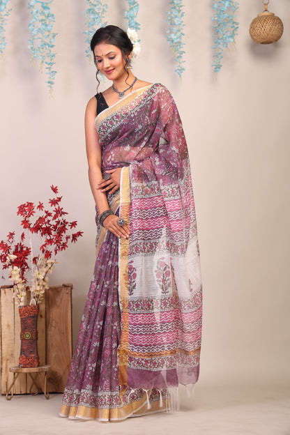 Anuttara Bhagalpuri Light Wine Kota Cotton Hand Block Saree with Blouse_AFS1002-FS