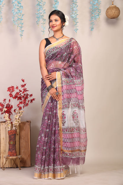 Anuttara Bhagalpuri Light Wine Kota Cotton Hand Block Saree with Blouse_AFS1002-FS