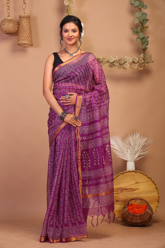 Anuttara Bhagalpuri Purple Kota Cotton Hand Block Saree with Blouse_AFS1003-FS