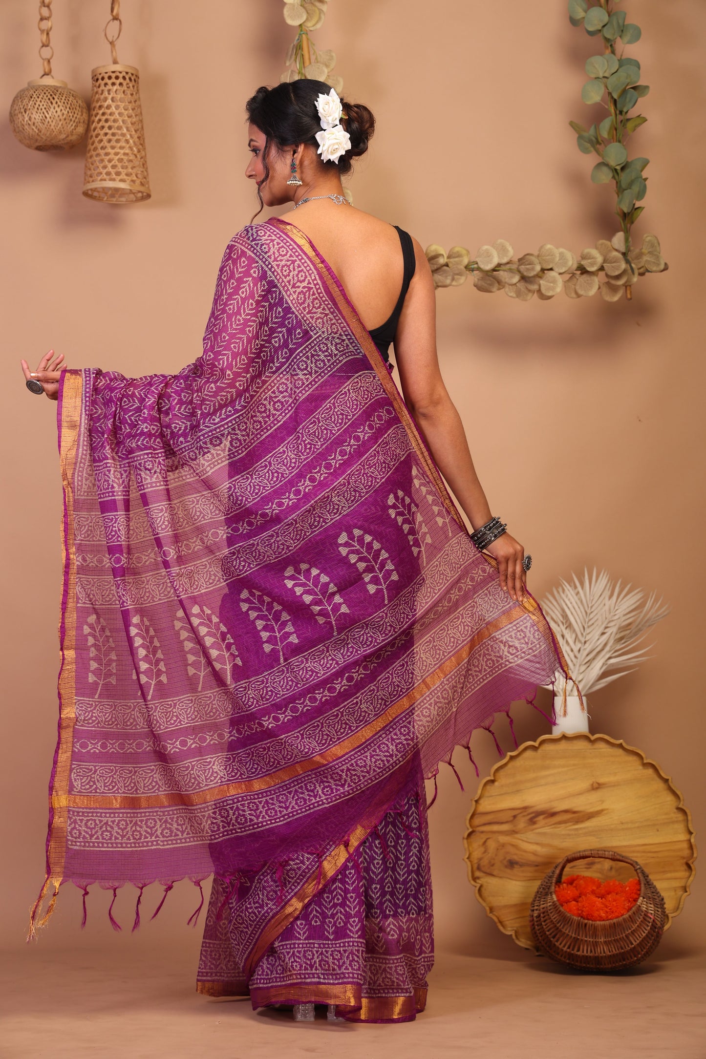 Anuttara Bhagalpuri Purple Kota Cotton Hand Block Saree with Blouse_AFS1003-FS