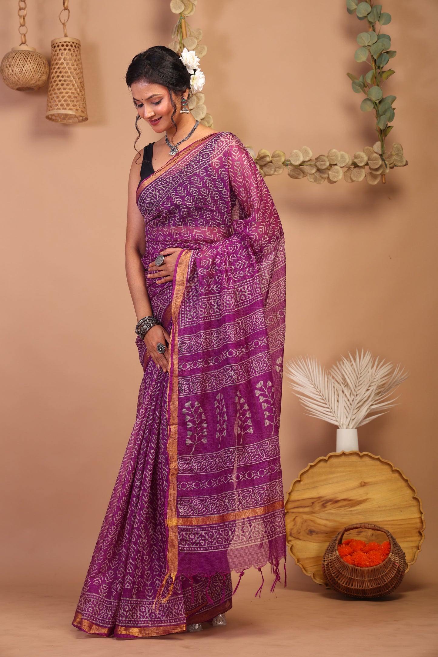 Anuttara Bhagalpuri Purple Kota Cotton Hand Block Saree with Blouse_AFS1003-FS