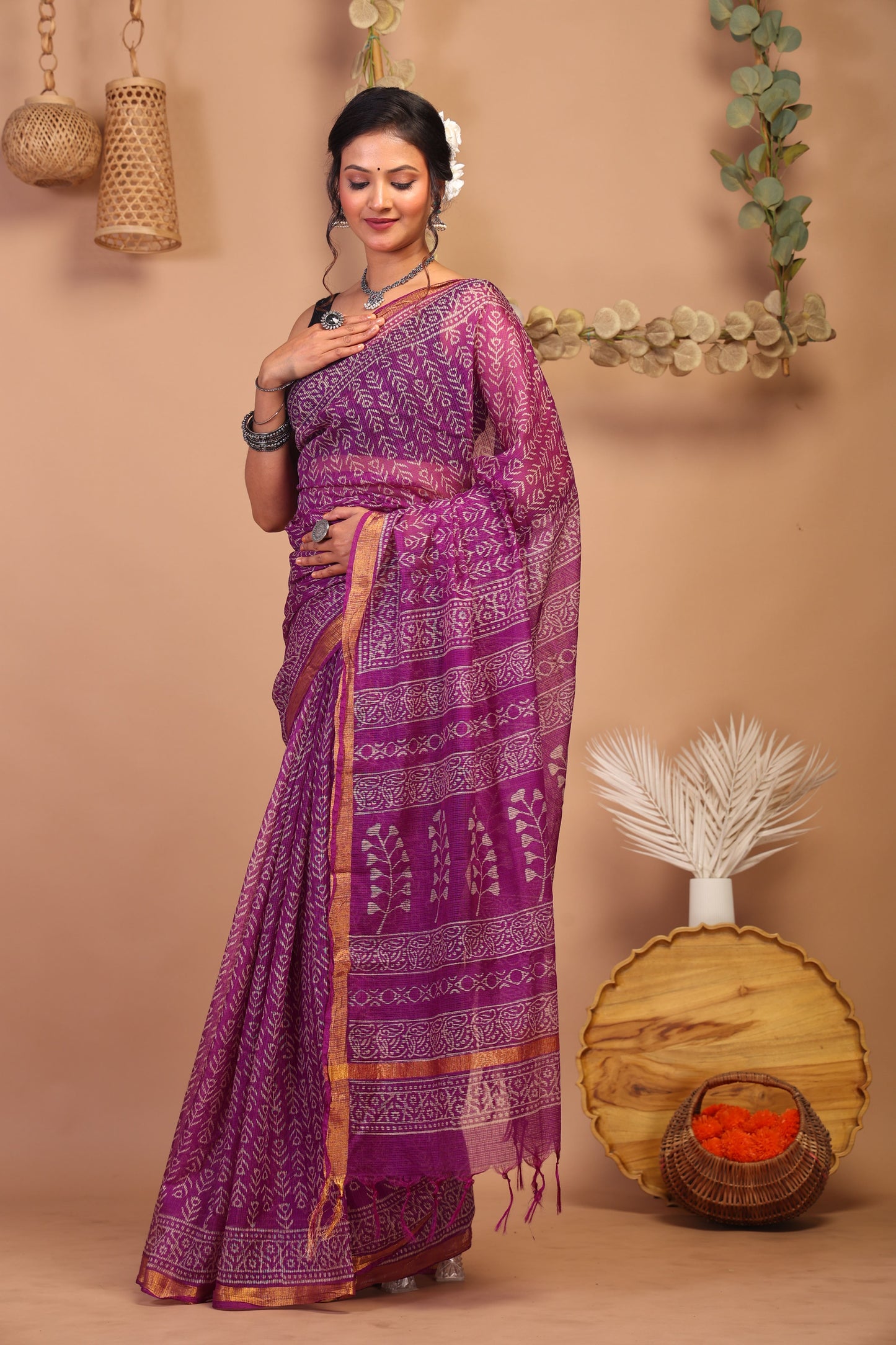 Anuttara Bhagalpuri Purple Kota Cotton Hand Block Saree with Blouse_AFS1003-FS