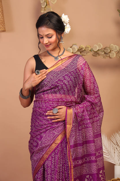 Anuttara Bhagalpuri Purple Kota Cotton Hand Block Saree with Blouse_AFS1003-FS