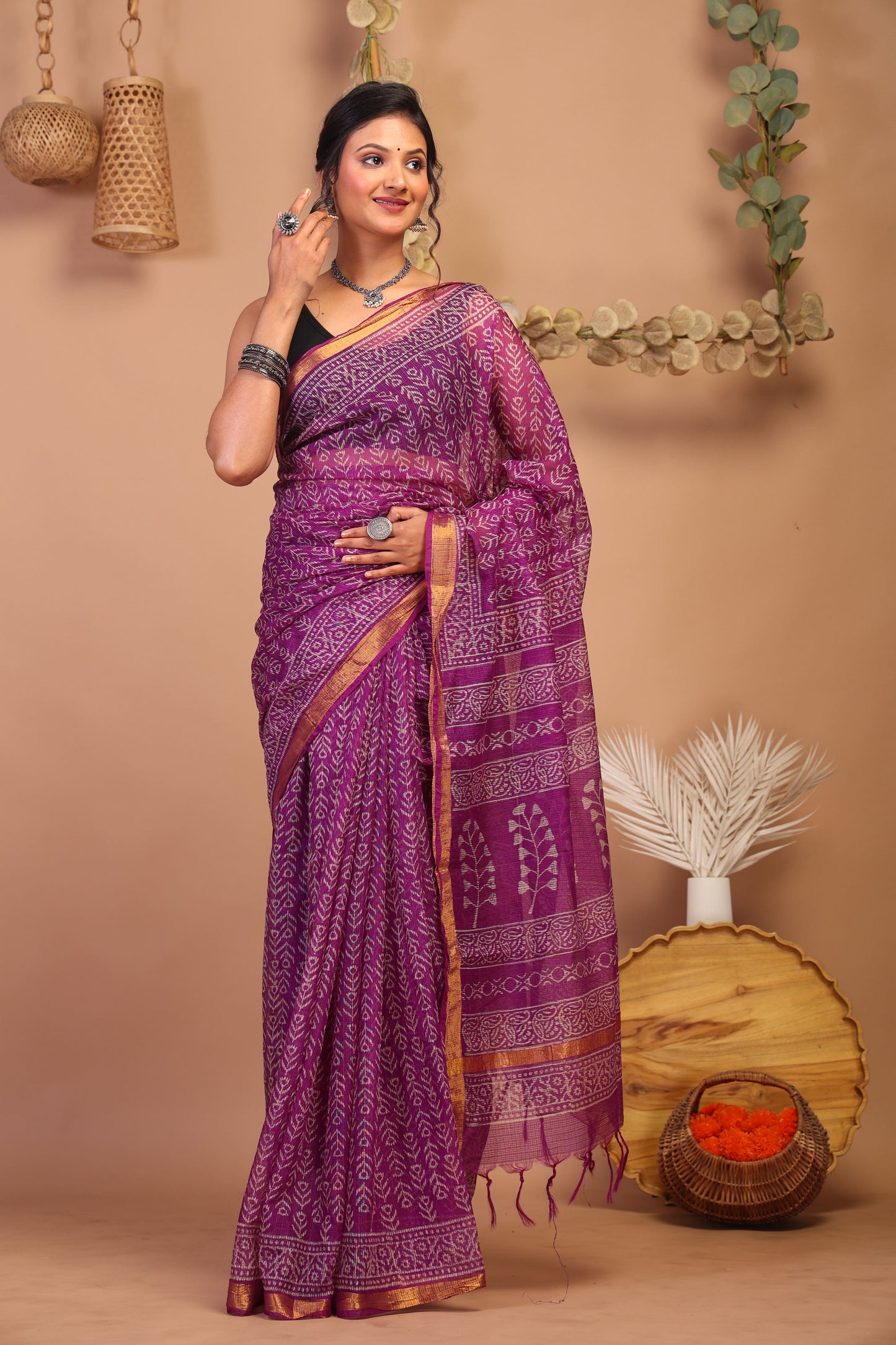 Anuttara Bhagalpuri Purple Kota Cotton Hand Block Saree with Blouse_AFS1003-FS