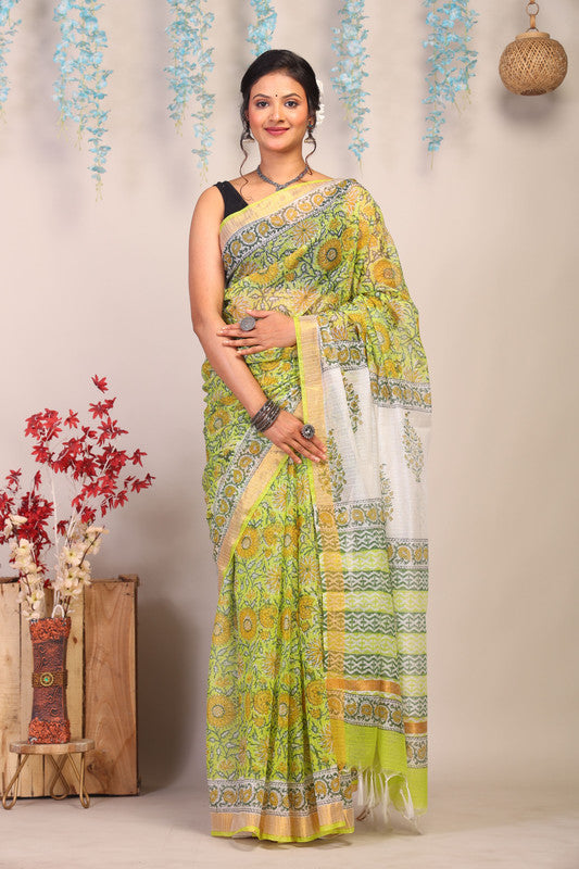 Anuttara Bhagalpuri Parrot Green Kota Cotton Hand Block Saree with Blouse_AFS1004-FS