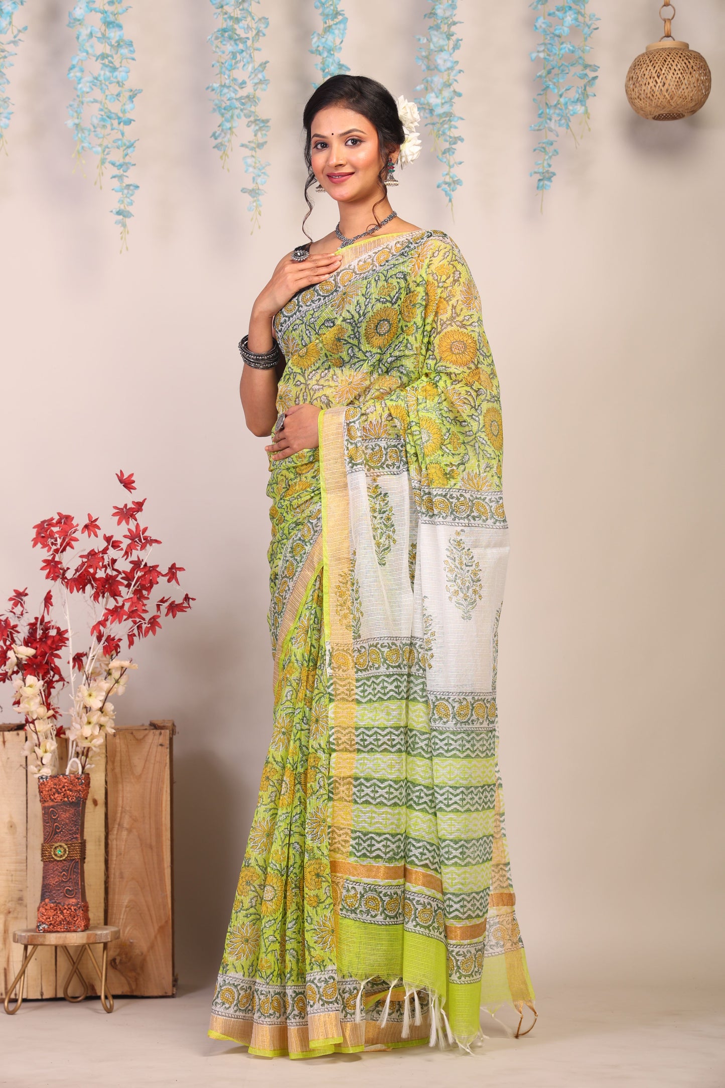 Anuttara Bhagalpuri Parrot Green Kota Cotton Hand Block Saree with Blouse_AFS1004-FS