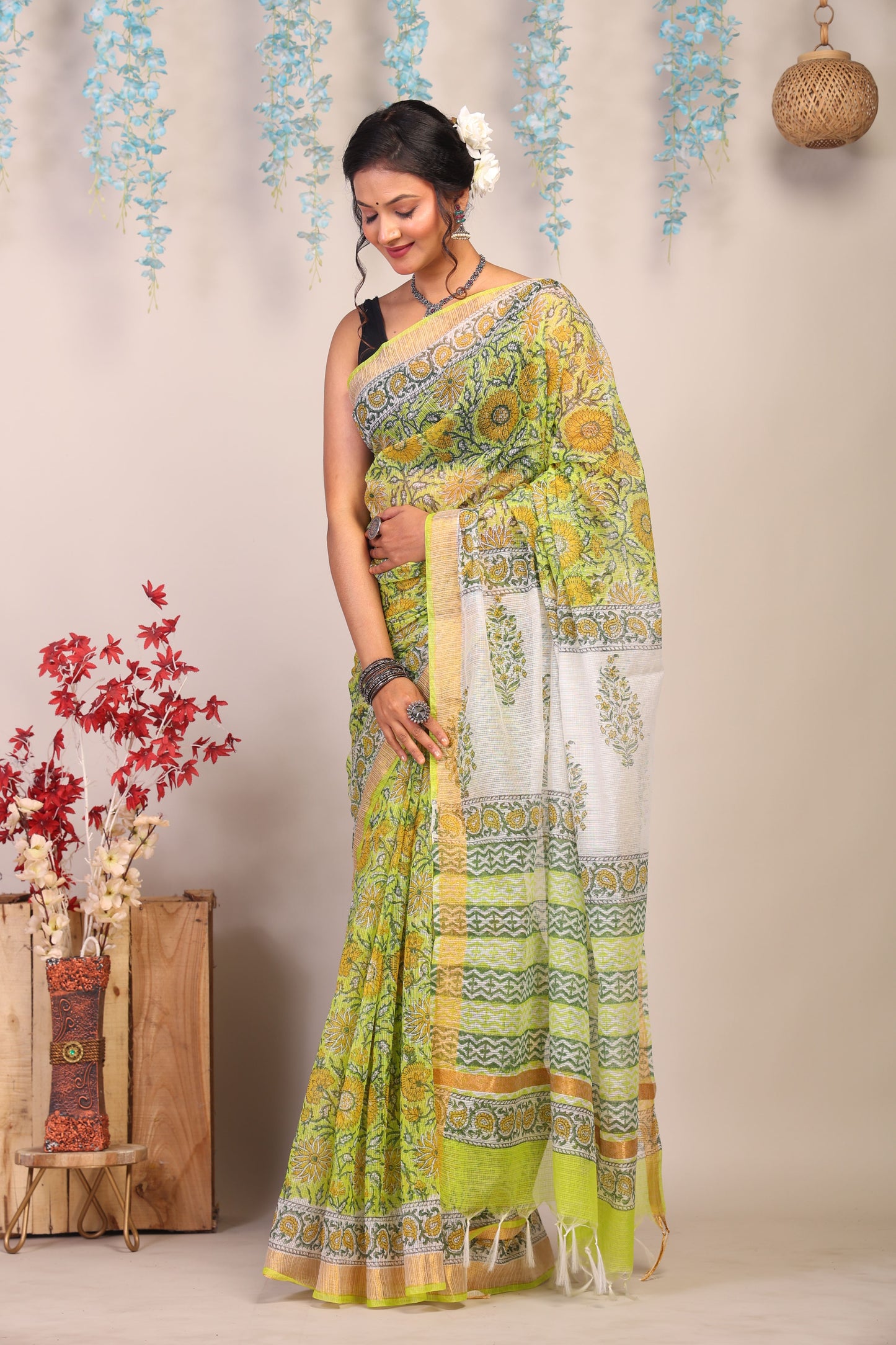 Anuttara Bhagalpuri Parrot Green Kota Cotton Hand Block Saree with Blouse_AFS1004-FS