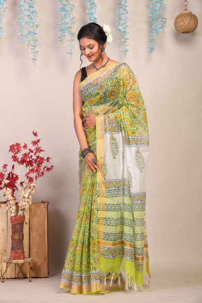 Anuttara Bhagalpuri Parrot Green Kota Cotton Hand Block Saree with Blouse_AFS1004-FS
