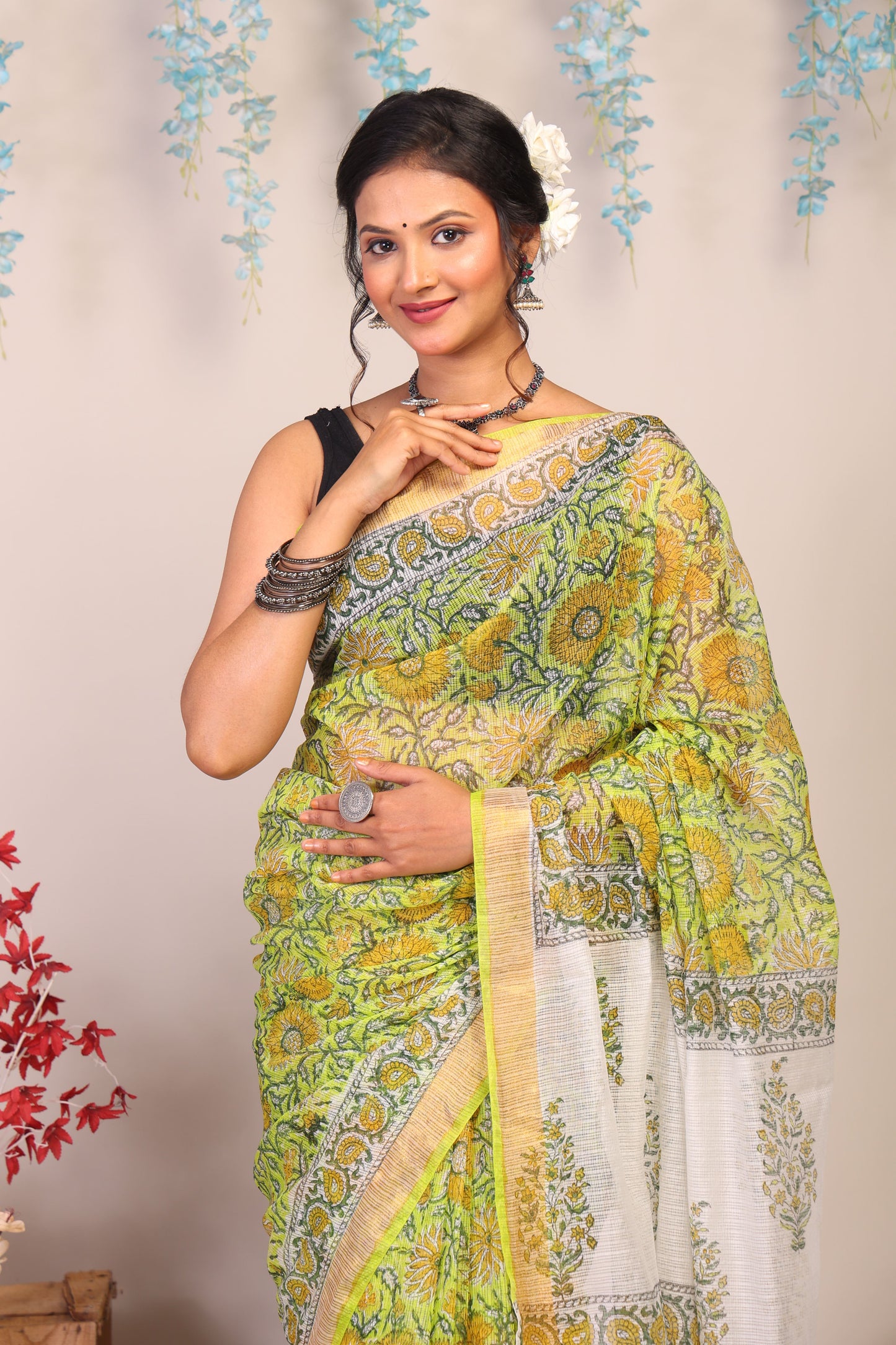 Anuttara Bhagalpuri Parrot Green Kota Cotton Hand Block Saree with Blouse_AFS1004-FS