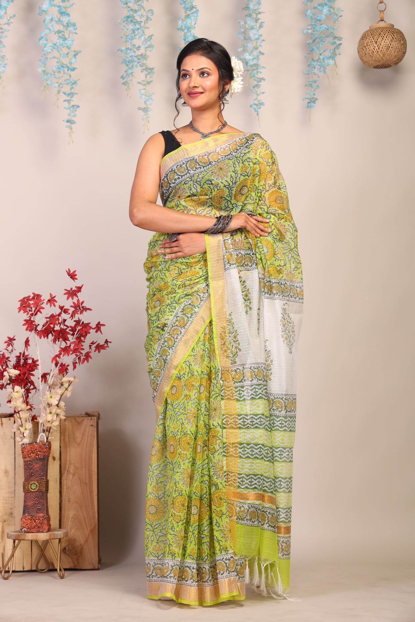 Anuttara Bhagalpuri Parrot Green Kota Cotton Hand Block Saree with Blouse_AFS1004-FS