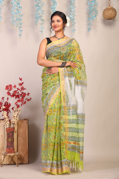 Anuttara Bhagalpuri Parrot Green Kota Cotton Hand Block Saree with Blouse_AFS1004-FS