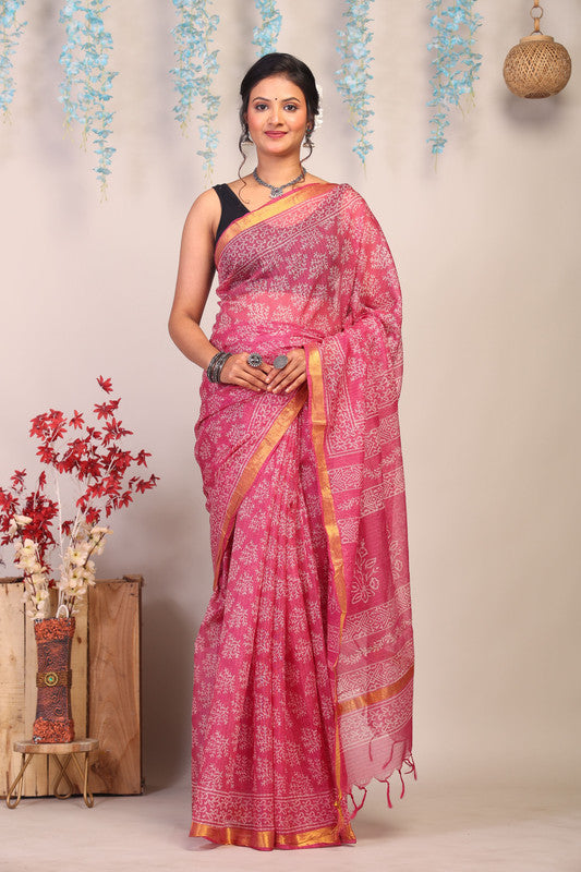 Anuttara Bhagalpuri Rouge Pink Kota Cotton Hand Block Saree with Blouse_AFS1005-FS