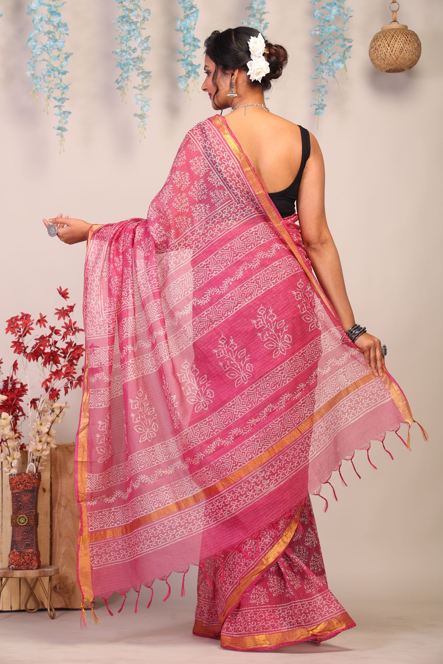 Anuttara Bhagalpuri Rouge Pink Kota Cotton Hand Block Saree with Blouse_AFS1005-FS